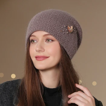Нова зимна мама шапка за жени Заешка кожа смес плетена шапка мода кристал дебела топла шапка шапка женски черепи