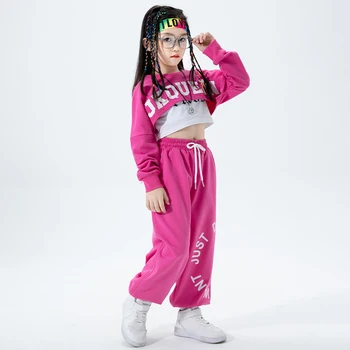 Детски тийнейджърски Kpop екипировки Джаз облекло Изрязване на потници Върхове Розови джогъри Панталони за момичета Хип-хоп танцов костюм Улични дрехи