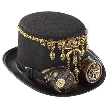Q0KE Черни очила Top Hat Gear Chain Skull Hat Steampunk шапка за Хелоуин