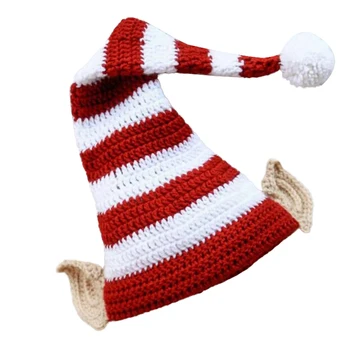 Възрастни Деца Коледна плетена шапка Плетене на една кука Елф ухо бяло червено райе дълга опашка Pom-pom шапка есен зима