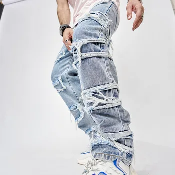 Хип-хоп y2k дънки раиран пискюл протрити прави торбести дънки панталони Harajuku мъжки женски твърди улични облекла ежедневни дънкови панталони
