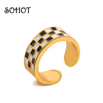 SOHOT реколта личност черно и бяло решетка шахматна дъска регулируеми отворени пръстени за жени момиче бижута сувенир капка доставка