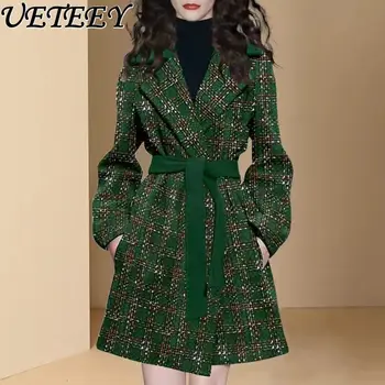 Дамски обратими кашмир палто вълнени дрехи есен и зима женски елегантен зелен каре средата дължина колан ветровка