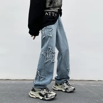 2024 Нова мода звезди кърпа бродерия кафяви мъже дънки панталони Y2K дрехи направо хип-хоп памучни панталони Homme Streetwear