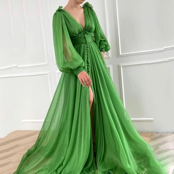 UZN Ново пристигане зелен v-образно деколте дълги бутер ръкави тюл абитуриентски рокля елегантен A-линия драпирани вечерна рокля плюс размер разрошени дълго парти
