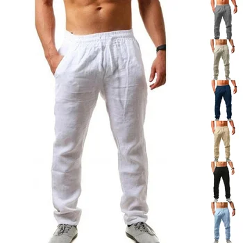 Нови мъжки ленени панталони мъжки летни дишащи плътни цветни ленени панталони Фитнес улично облекло 2023 Дропшипинг