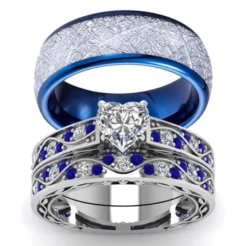 Мода двойка пръстени романтични жени сърце циркон каменни пръстени комплект мъжки син пръстен от неръждаема стомана сватбено парти бижута подаръци