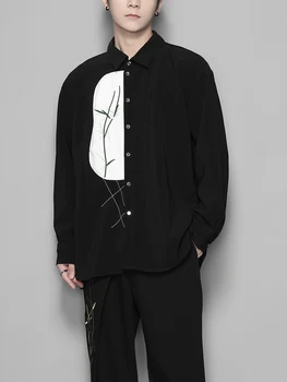Американска личност контраст цвят бродерия дизайн чувство планктон красив риза мъже есен дълъг ръкав риза мъже
