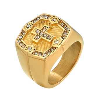 BONISKISS кръст неръждаема стомана пръстен за мъже чар злато цвят инкрустирани кристал пръстен молитва пръстен сватба годишнина пръстен подарък