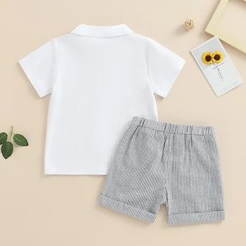 Baby Boy Summer Cotton Linen Clothes Short Sleeve Button Down Shirt with Elastic Waist Stripe Print Shorts 2Pcs Outfit
