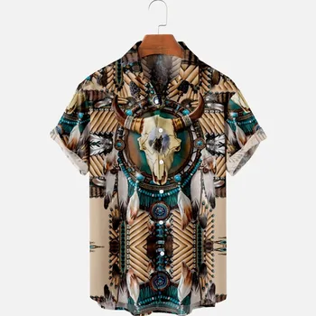 Модни мъжки летни тениски хавайски индианци 3D печат Уютни ежедневни ризи с един бутон Къс ръкав плаж извънгабаритни ризи