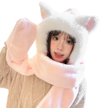 2024 Есен и зима Нов плътен цвят мечка ухо капачка плюшени сняг шапка шал ръкавици едно парче топла капачка най-добрите подаръци за момичета Gorras