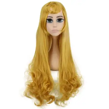 Cosplay аниме 80CM дълги перуки принцеса Aurora перука дълго златна вълнообразна стил бретон топлоустойчиви филми коса костюм перуки