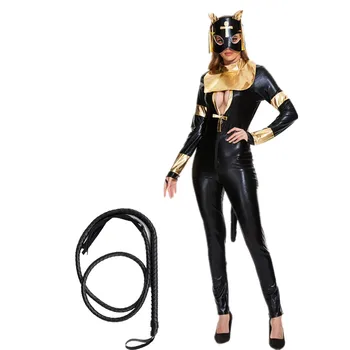 Хелоуин карнавал парти котка момиче косплей гащеризон с камшик секси PU котка жена боди нощен клуб ролеви костюми облекло