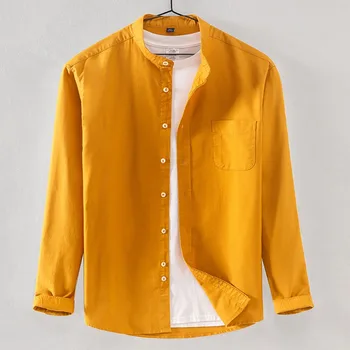 Мъжка риза памук Оксфорд стендъп яка есен случайни 100% памук дълъг ръкав бял жълт син китайски стил луксозни мъжки върхове
