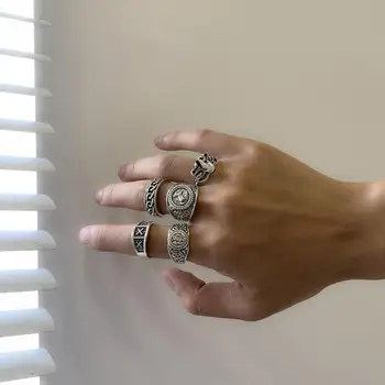 Cool 5Pcs / комплект атрактивни реколта пънк издълбани мъже пръстени аксесоар пръстови ленти геометрични за открито