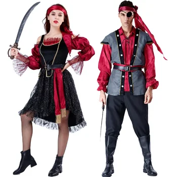 Хелоуин Карибски пирати капитан костюм за жени мъже карнавал буканиер униформи парти фантазия рокля пирати косплей костюми