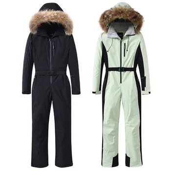 Fur Hooded Woman One Piece Snow Suit Winter Slim Women Ski Jumpuist Outdoor Mountain Female Snowboard Overall Insulated Clothes