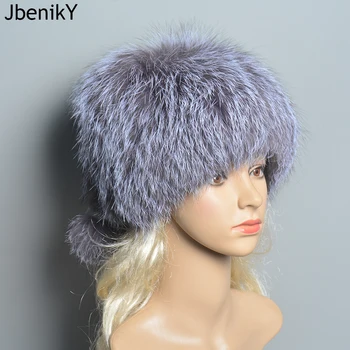 Зимна шапка за жени 100% естествена сребърна лисица кожа еластична плетена облицована капачка пухкава перука истинска кожена шапка женско ухо топли шапки