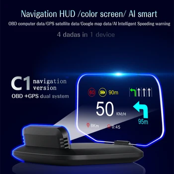 C1 Навигационна версия HUD Head Up дисплей навигация кола HUD OBD2 GPS скоростомер Предупреждение за превишаване на скоростта RPM аларма HUD огледало