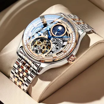 Топ марка мъже механични часовници античен бизнес луна фаза автоматичен ръчен часовник луксозно розово злато от неръждаема стомана часовник подарък