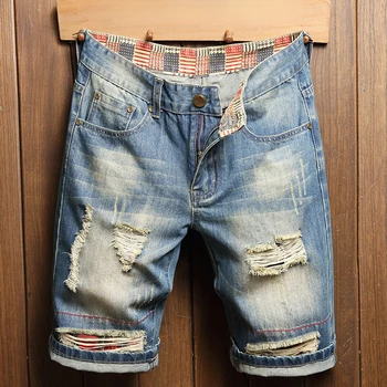 американски мъжки дънкови шорти лятна мода дупка ретро младежка права ежедневни панталони на едро улично облекло скъсани дънки