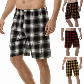 Ежедневни шорти Mid-rise еластични шорти за спане карирана печат прав широк крак мъже лято случайни къси пижама панталони домашно облекло