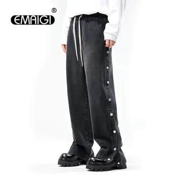 Мъжки ластик странични копчета хлабав случайни реколта дънкови панталони дънки мъж улично облекло мода хип-хоп торбести дънки панталони