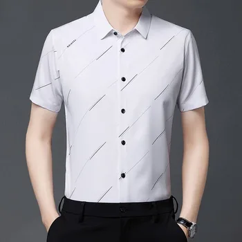 лято нов къс ръкав реколта риза мъже завой-надолу яка писмо раирана бутон печат блуза мода случайни върховете