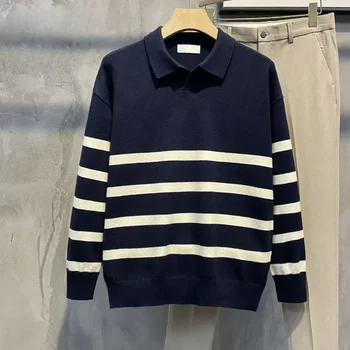 Мъжко облекло Поло раирани пуловери плетени пуловер мъжки японски Harajuku мода бежов Maletry елегантен дълъг ръкав 100% ново в
