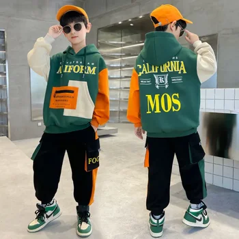 Boys Contrast Sweatshirt + Sweatpant 2-Piece Outfit Kids Tracksuit Children Active Work Jumper Jogger Track Pant Sets 3-14 години