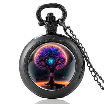 Черно дърво на живота символ стъкло Cabochon кварц джобен часовник реколта мъже жени висулка огърлица часовници подаръци