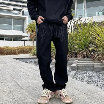 High Street Male Straight Tube Loose Black Jeans Trousers Embroidery Letters Y2K Унисекс Casual Hip Hop Retro Versatile Pants