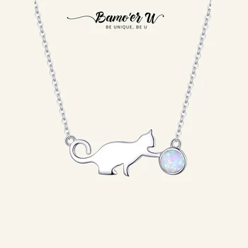 BAMOER U Автентични 925 стерлинги сребро сладък путка котка с топка опал връзка верига огърлица за жени парти момиче подаръци SCN395