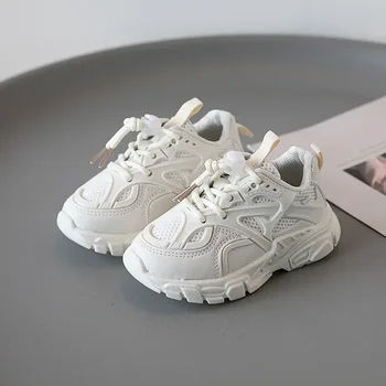 Пролет Есен Нова детска двойна мрежа дишаща свободно време спортове малки бели обувки момичета мека подметка удобни плоски обувки