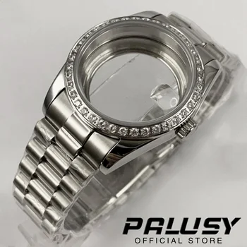 36MM сапфир стъкло прозрачно дъно диамантен часовник случай за NH35 NH36 4R35A / 4R36A движение президентски часовник каишка