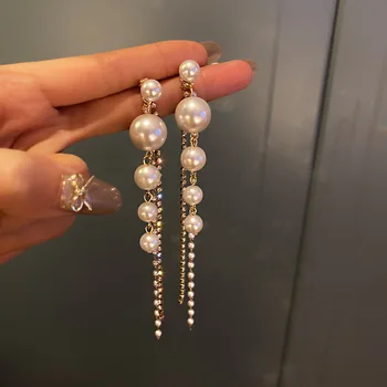 Дълги висящи обеци за жени 2024 мода пълен кристал симулирани перла пискюл капка обица реколта злато цвят Brincos бижута