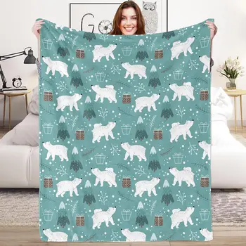 Polar Bear Teal Throw Blanket for Boys 50x60 Inch Cozy Cute Animal Christmas Tree Theme Fluffy Plush Blanket for Kids Soft Home