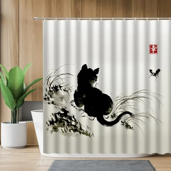 азиатски стил традиционен японски мастило живопис душ завеса реколта котка животински карикатура черна котка силует баня декоративни