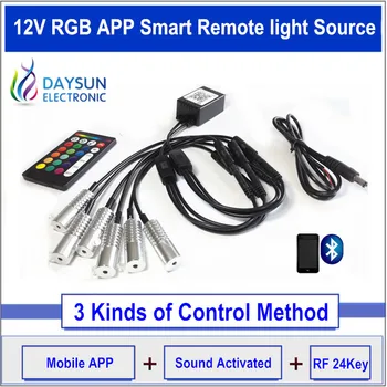 12V RGB интелигентен източник на светлина за страничен светещ оптичен кабел за мобилни APP контрол RF дистанционно 2W източник на светлина за автомобилна атмосфера