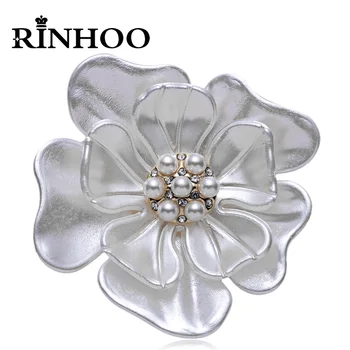 Rinhoo Луксозни големи бели брошки от камелия за жени Мода Имитация на перли Кристал цвете сватба булчински парти щифтове бижута