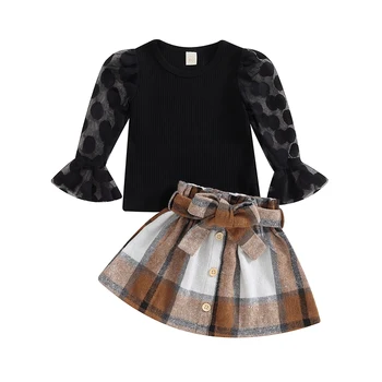 Kids Girl Fall Outfits Crew Neck Dot Mesh Flare Long Sleeve Tops Elastic Waist Mini Plaid Skirts with Belt 2Pcs Clothes Set