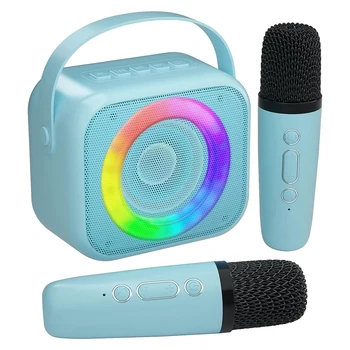  караоке машина, мини преносим Bluetooth караоке високоговорител с 2 безжични микрофона за деца възрастни семейство домашно парти трайни