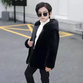 Есен Зима 2023 Мода Детски якета от изкуствена кожа Сгъстяване на момчетата Плюшено топло качулка твърдо палто Бебе Деца Корейски 4-12 години