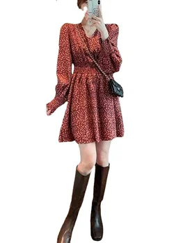 Флорална Midi пола корейски стил 2023 пролет и есен червено Елегантна A-line малка пола с дълъг ръкав с V-образно деколте с долни рокли