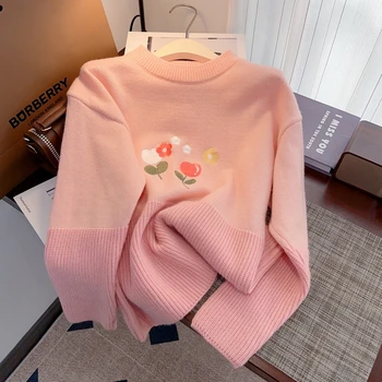 Жените цвете бродирани пуловер есен зима кръг врата хлабав трикотаж пуловер Топ корейски Япония жена облекло Pull Femme