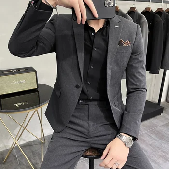 M-7XL Нов (Blazer + панталони) Мъжка мода бизнес британски стил тънък годни корейски случайни джентълмен сватба хостинг официален 2-парче