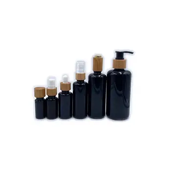Бамбукови парфюмни капаци тонер10ml 15ml 30ml 50ml 100ml Черно лъскаво стъкло капкомер бутилки етерично масло бутилка за козметични опаковки