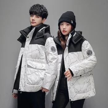 Warm wintertrendyDown Jacket Men's High-End Short Fashion Brand Tear Crack Hooded Couple Coat Men's Loose Thick Winter Menswearf