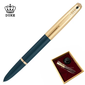 Duke 14K Gold Nib Fountain Pen Metal Cyan & Golden Semi-Steel Outstanding Ink Pen E F 0.38 & Bent Nib Calligraphy D51 Business